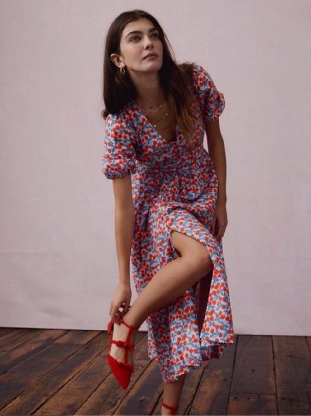 Boden Lillian Cotton Midi Dress in Cherry Cascade, Size US8